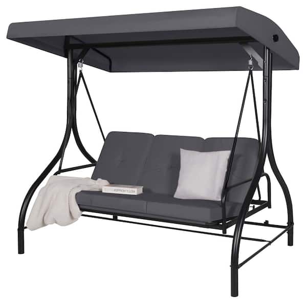 VEIKOUS 3-Seat Converting Canopy Patio Swing Steel Lounge Chair with Cushions in Dark Grey