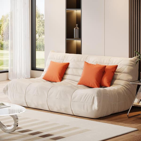 70 in. W Armless Polyester Lazy Floor Togo Curved Sofa in Beige High-Density Foam Giant Bean Bag Couch with 3-Pillows