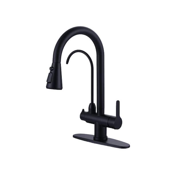 11.3 in 360 Degree Spout Swivel Double Handles Pull Out Sprayer Kitchen Faucet with Drinking Water Filter in Matte Black