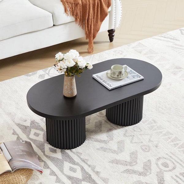 ATHMILE 39.38 in. Multi-Scenario Black Oval MDF Coffee Table BK