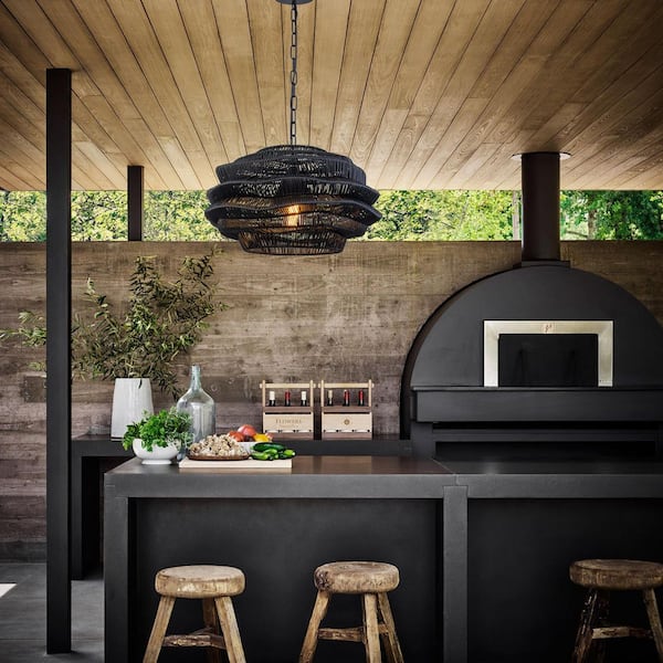 Aaron 11 in. 1-Light Black Dimmable Outdoor Wicker Pendant Light Modern Handmade Coastal Hanging Light No Bulbs Included