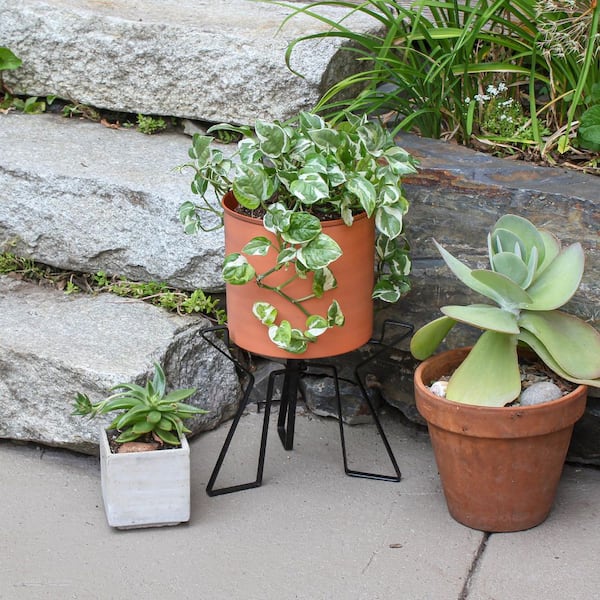 Achla Designs 15"H x 9.25"W, Cylinder Burnt Sienna Galvanized Steel Planter Pot w/Black Wrought Iron Plant Stand, Indoor Outdoor Use