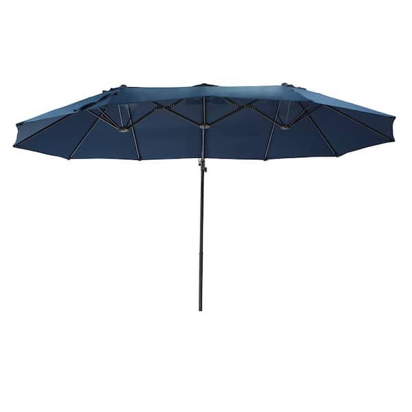 Patio Festival 14.5 ft. x 8.5 ft. Steel Tilt Twin Market Umbrella with Base in Blue