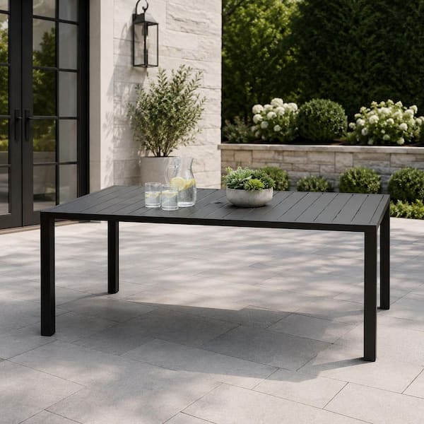 8 glass top rectangular patio dining table with umbrella hole Outdoor for Person, 71" Aluminum Fram  Specialty Food Source Aluminum frame and WPC table top With umbrella hole of 1.61 inches diameter (matches market umbrella) Similar table Umbrella Hole 8-Person Patio Tables