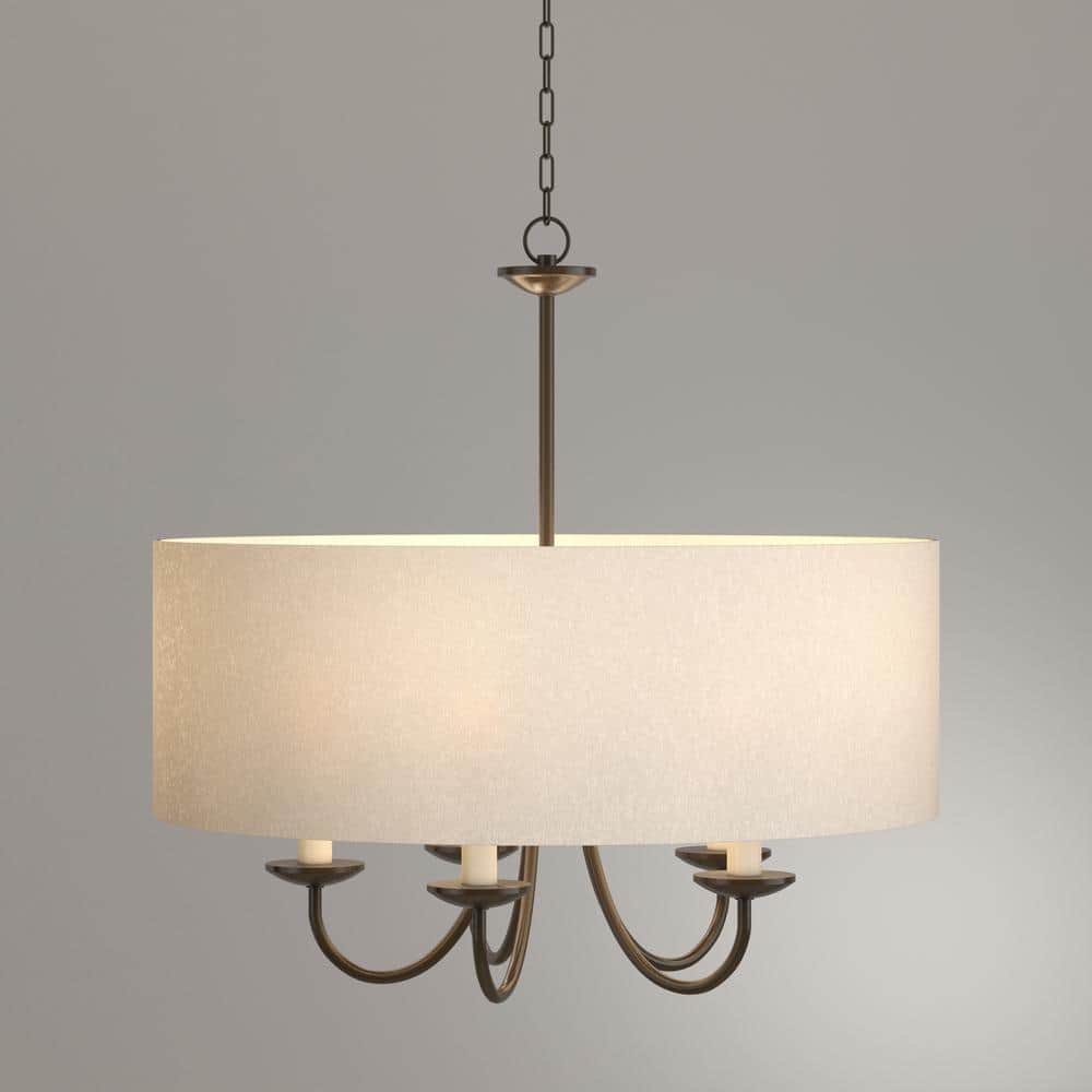 Antique Bronze Drum Shade 5-Light Pendant with White Linen