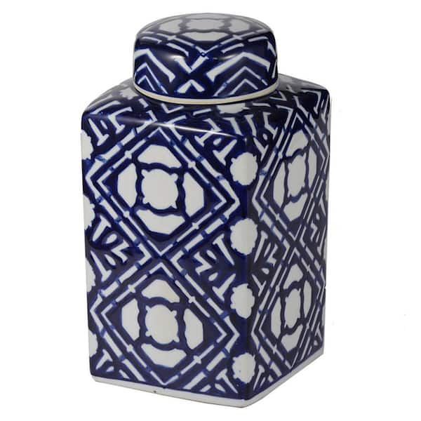 10 in. White Blue-A Ceramic Decorative Jar with Lid, Tabletop Accent Vase