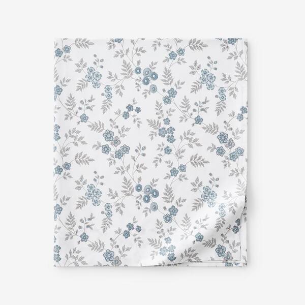 The Company Store Legends Hotel Blue/Ivory Kate Floral Sateen Queen Flat Sheet