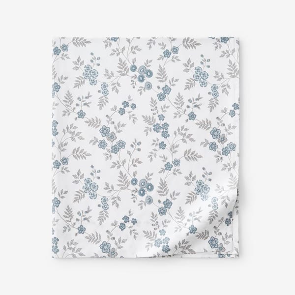 The Company Store Legends Hotel Blue/Ivory Kate Floral Sateen Twin/Twin XL Flat Sheet