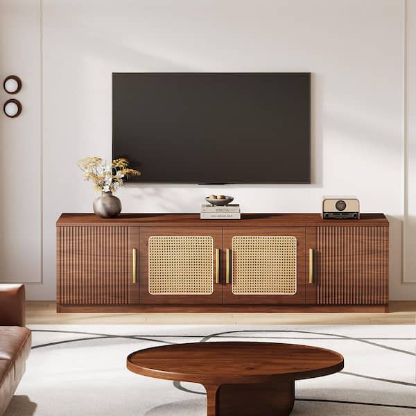 Ezlynn Walnut TV Stand Entertainment Center Fits TV's Up to 80 in. with 6-Tier Storage Shelf