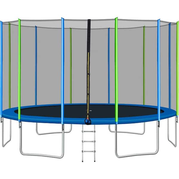 Unbranded Blue and Green 16 ft. Trampoline with Safety Enclosure Net, Ladder and 12 Wind Stakes