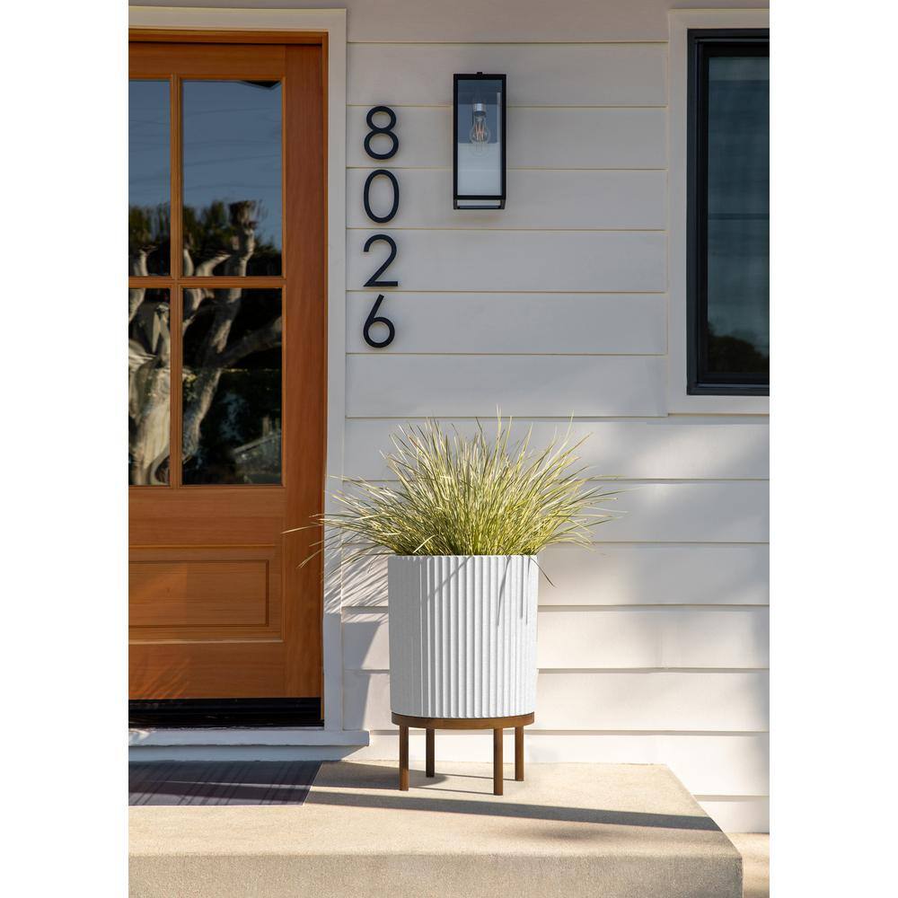 White Fluted Concrete-Composite Planter with Acacia Wood Stand