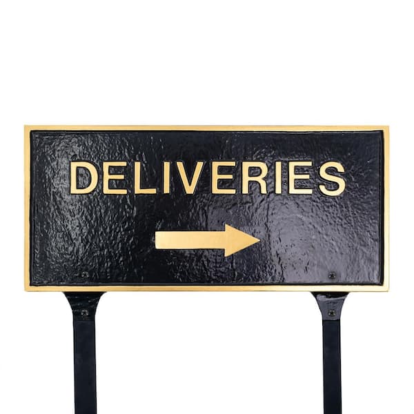 Montague Metal Products 10" x 21" Deliveries with Right Arrow Large Rectangle Statement Plaque with Lawn Stakes - Black/Gold