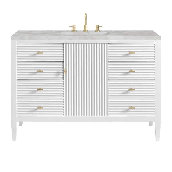 James Martin Vanities Myrrin 48.0 in. W x 23.5 in. D x 34.06 in. H Single Bathroom Vanity Bright White and Victorian Silver Quartz Top