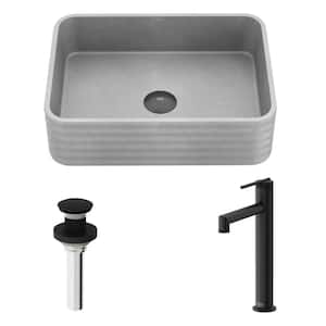 Cadman Concreto Stone Rectangular Bathroom Vessel Sink with Sterling Faucet and Pop-Up Drain in Matte Brushed Gold
