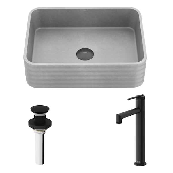 VIGO Cadman Concreto Stone Rectangular Bathroom Vessel Sink with Sterling Faucet and Pop-Up Drain in Matte Brushed Gold