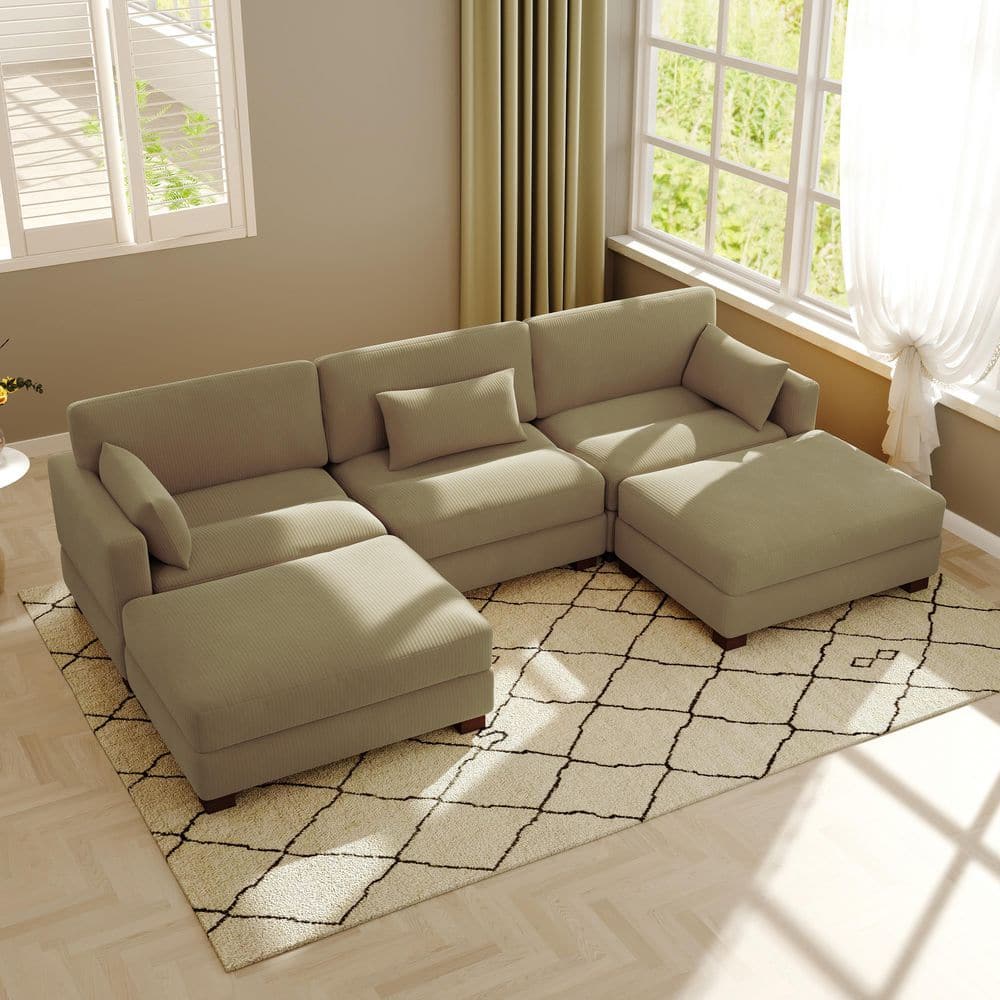 123 in. Square Arm 5-Piece Corduroy Upholstered U-Shaped Sectional Sofa in Camel