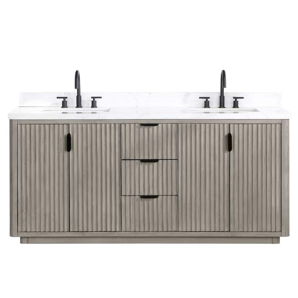 Roswell Cádiz 72 in. W x 22 in. D x 34 in. H Free-Standing Double Bathroom Vanity in Fir Wood Grey with White Composite Top