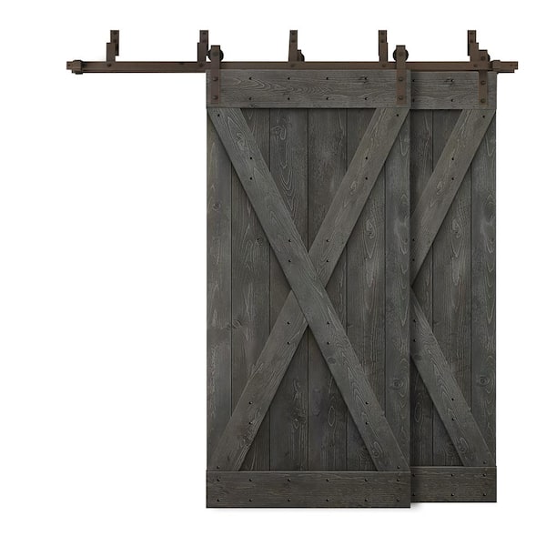 CALHOME 72 in. x 84 in. X Bypass Carbon Gray Stained DIY Solid Wood Interior Double Sliding Barn Door with Hardware Kit