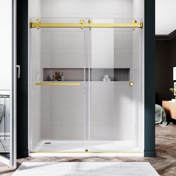 UKD01 56 to 60 in. W x 72 in. H Double Sliding Frameless Shower Door in Satin Brass, EnduroShield 3/8 in. Clear Glass