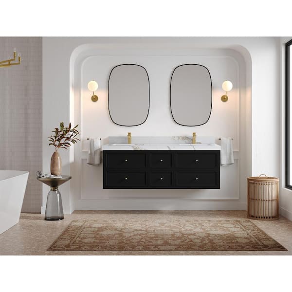 Willow Collections Roswell 60 in. Double Sink Freestanding Black Bath Vanity with Calacatta Gold Qt. Top Unassembled