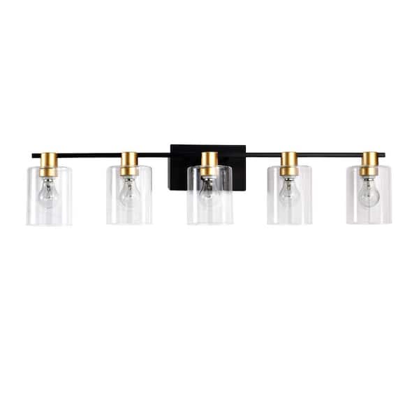 Logmey 37.4 in. 5 Light Matte Black Bath Vanity Light with Gold E26 Sockets and Clear Glass Cylinder Shade