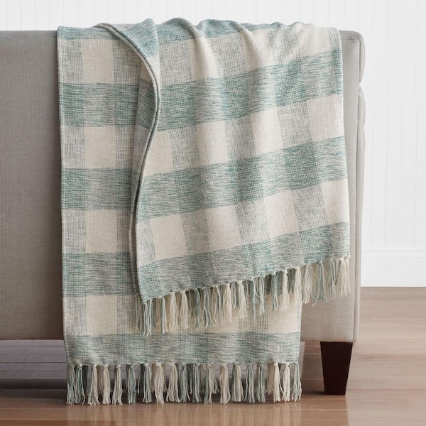 Company Cotton Textured Checkered Green Throw Blanket