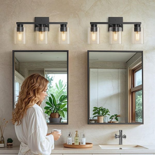 18 in. 3-Light Black Vanity Light with Clear Glass for Elegant Bathroom Lighting