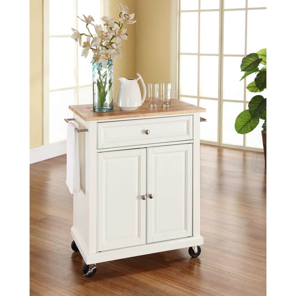 White Wood Kitchen Cart with Natural Top and Storage
