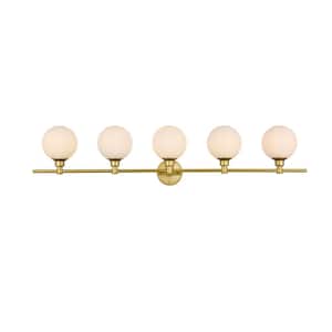 Simply Living 47 in. 5-Light Modern Brass Vanity Light with Frosted White Round Shade