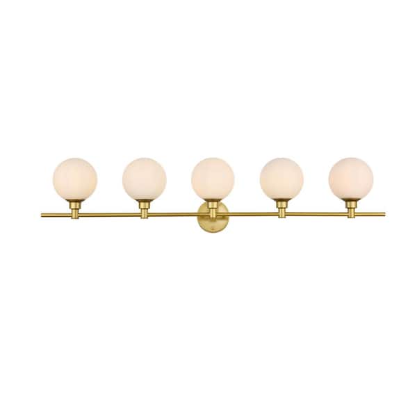 Unbranded Simply Living 47 in. 5-Light Modern Brass Vanity Light with Frosted White Round Shade