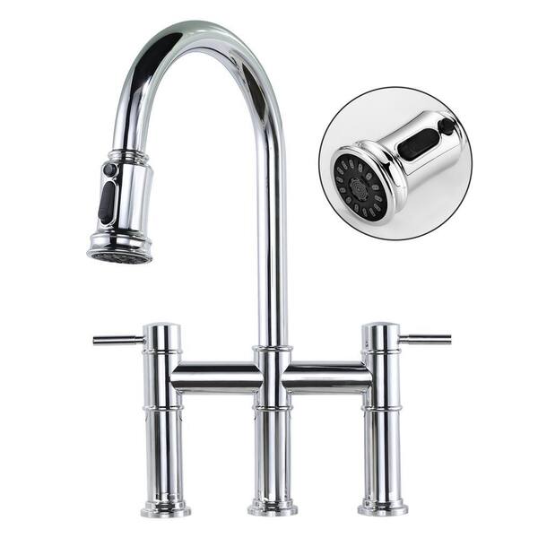 Double Handle Pull-Down High Arc Bridge Kitchen Faucet with Brass and Stainless Steel in Polished Chrome