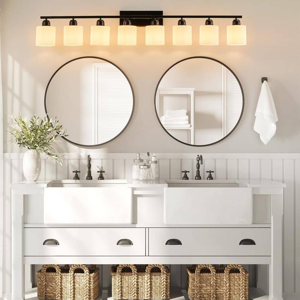 52 in. 8-Light Black Vanity Light with Frosted Glass Shade price history on PriceWatchPro