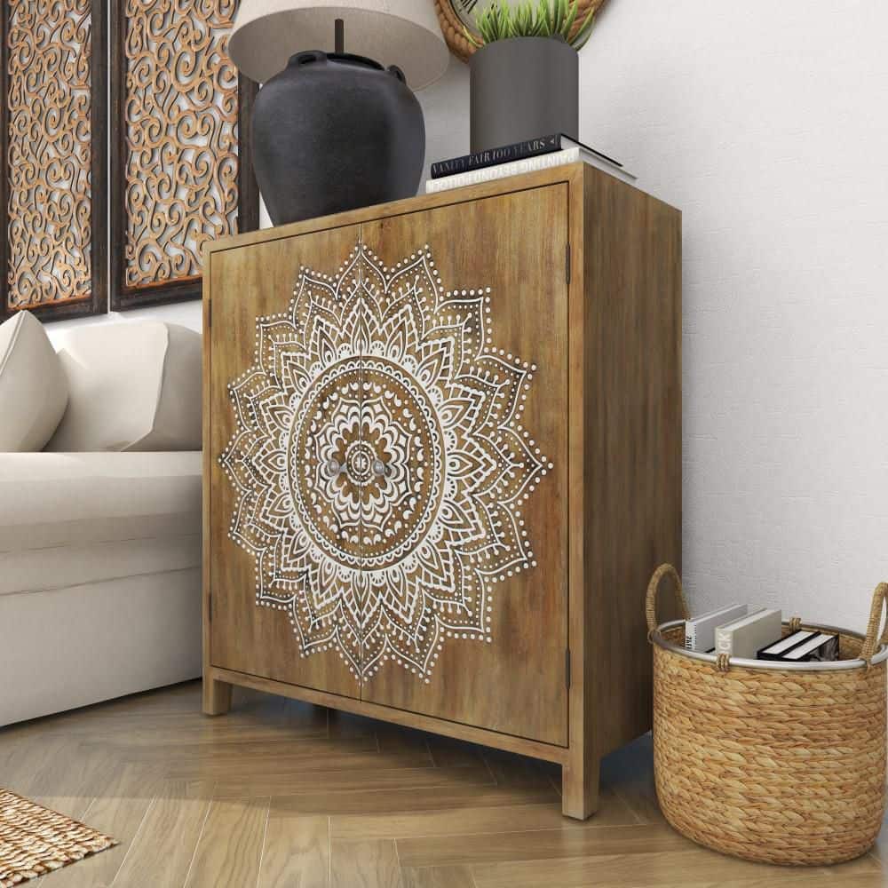 Brown Wood Intricately Carved Floral Cabinet with Shelf and Doors