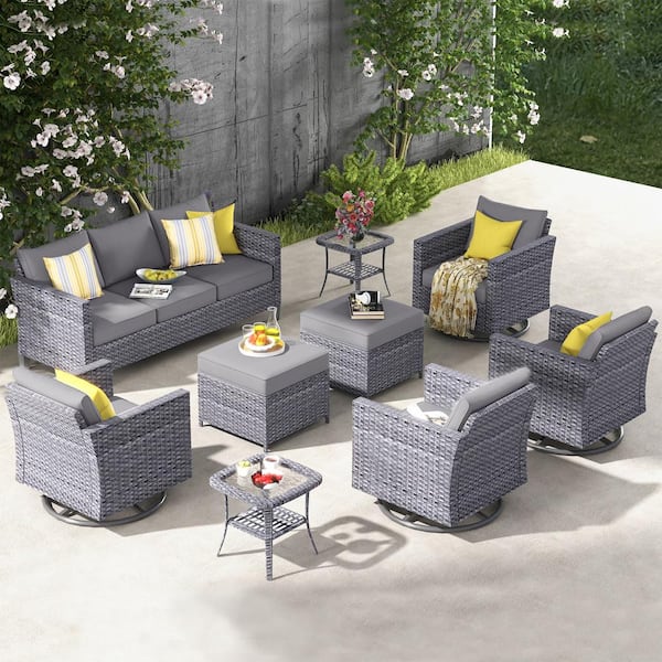 XIZZI Megon Holly Gray 9-Piece Wicker Patio Conversation Seating Sofa Set and Swivel Rocking Chairs with Dark Gray Cushions