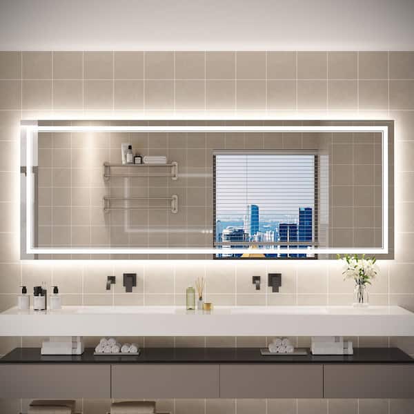96 in. W x 36 in. H Rectangular Frameless Fog Free Dimmable Silver Wall Mount LED Lighted Bathroom Vanity Mirror