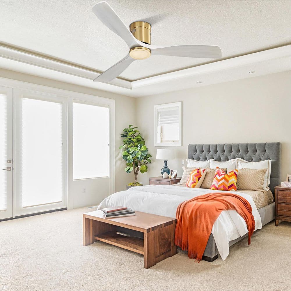 52 in. Modern Indoor Gold Solid Wood White Blades Flush Mount Ceiling Fan with Noiseless Reversible DC Motor and Remote price history on PriceWatchPro