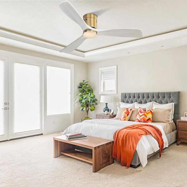 52 in. Modern Indoor Gold Solid Wood White Blades Flush Mount Ceiling Fan with Noiseless Reversible DC Motor and Remote