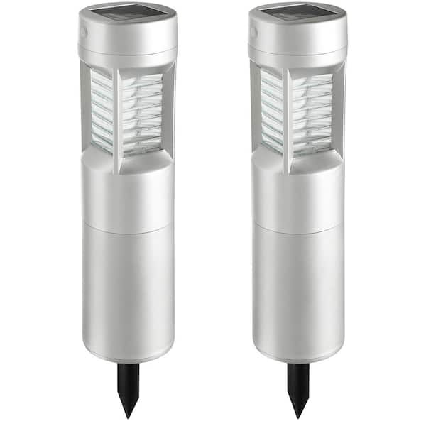 Limestone Silver Motion Sensing Integrated LED Outdoor Solar Bollard Light with Adjustable Height (2-Pack)