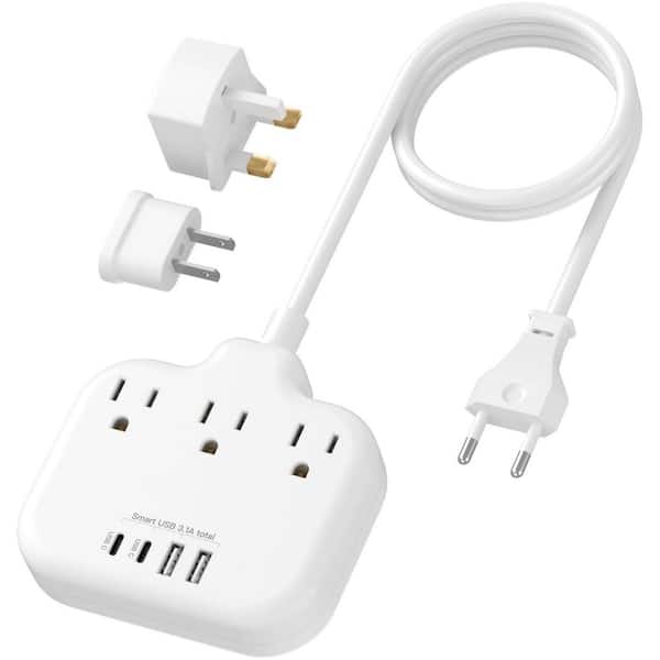 European Travel Plug Adapter with 3 Outlets and 4 USB, Travel Power Strip with 3 ft. European Power Cord for EU/UK/US