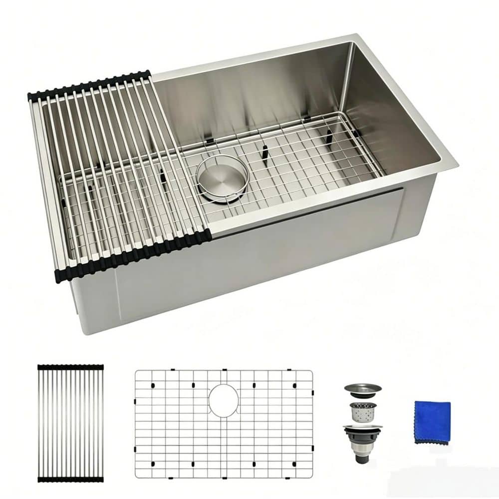 32 in. Undermount Single Bowl 16 Gauge Sliver Stainless Steel Kitchen Sink with Rolling Drying Rack and Cleaning Cloth price history on PriceWatchPro