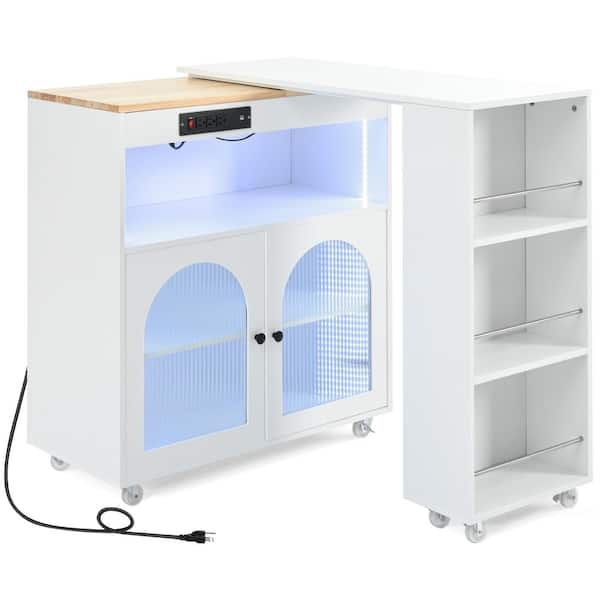 JimsMaison White Rubberwood Kitchen Cart with Drop Leaf, Extended Table, 2 Fluted Glass Doors, LED Light and Power Outlet