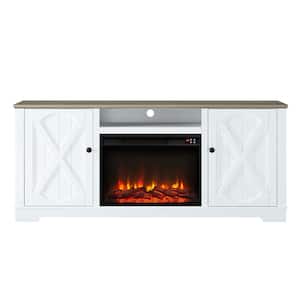70 in. Farmhouse Wooden TV Stand with Electric Fireplace in White for TVs up to 70 in.