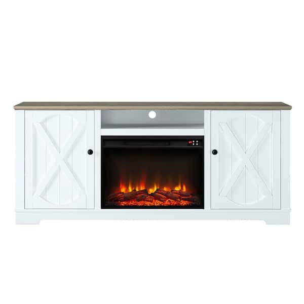 FESTIVO 70 in. Farmhouse Wooden TV Stand with Electric Fireplace in White for TVs up to 70 in.