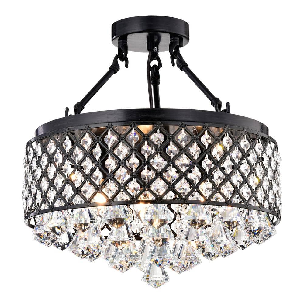 Antique Black Crystal Drum Semi-Flush Mount Chandelier