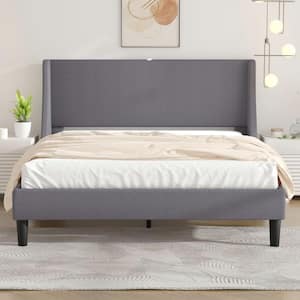 Upholstered Bed Frame with Headboard and Wingback Light Grey Queen Size Bed Frame Platform Bed with USB and Type-C Ports