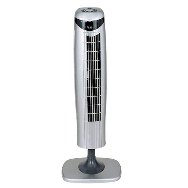 Optimus 35 in. Pedestal Tower Fan with Remote Control and LED in White