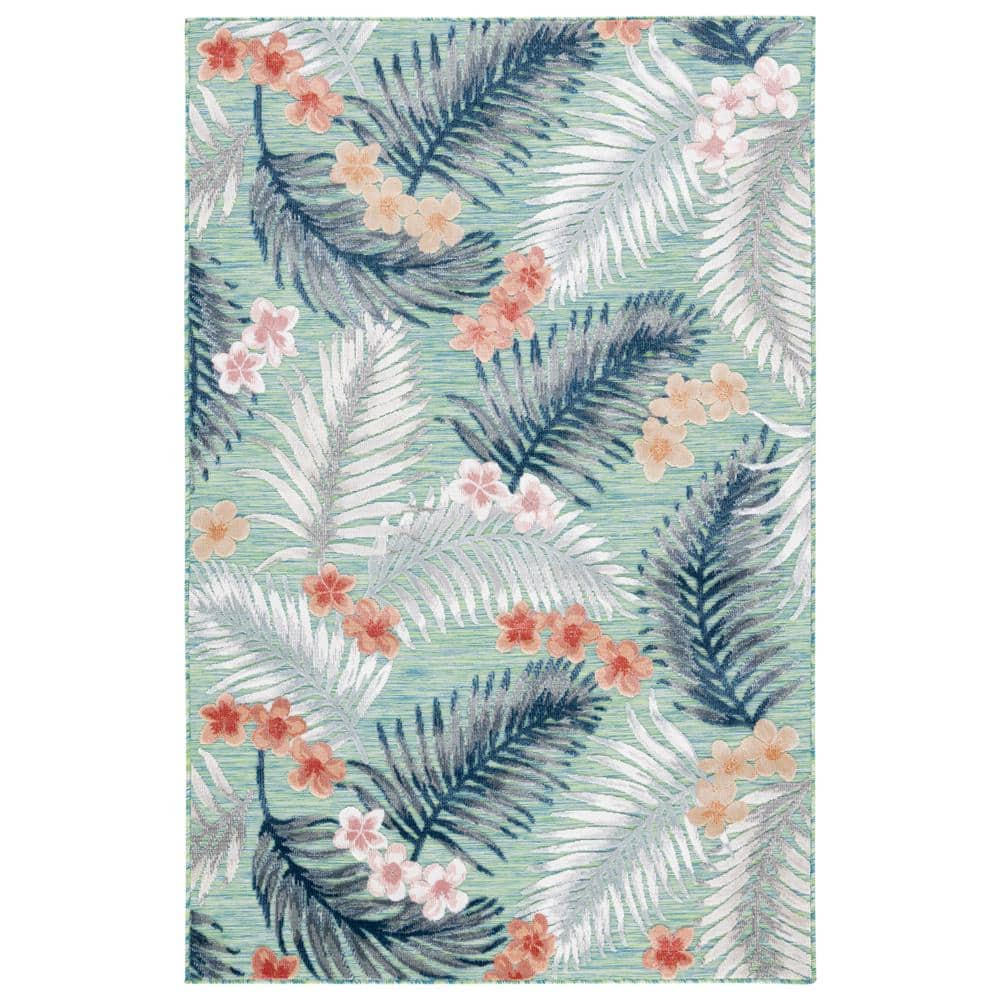 Floral Bliss Green/Navy Synthetic 4' x 6' Easy-Care Outdoor Rug