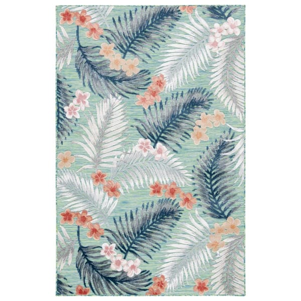 SAFAVIEH Cabana Green/Navy 4 ft. x 6 ft. Floral Palm Leaf Indoor/Outdoor Area Rug