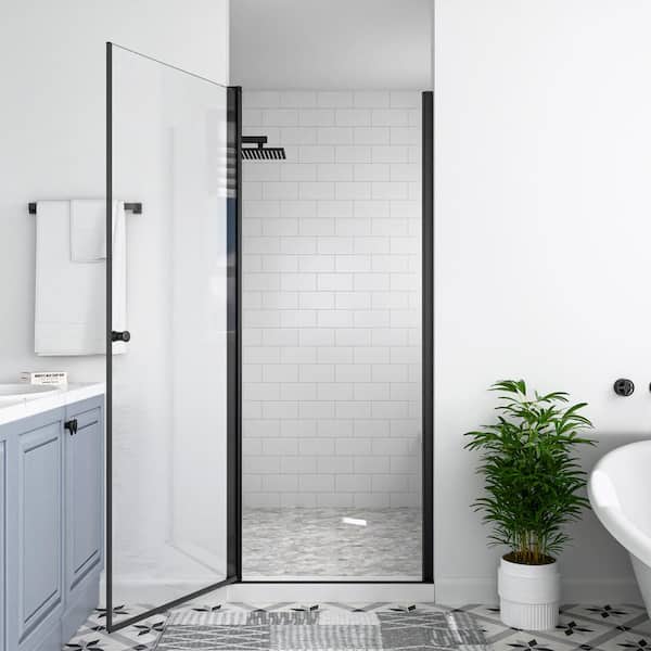 30 in. W x 72 in. H Space Saving Pivot Semi-Frameless Swing Shower Door in Black Finish in 1/4 in. Clear Tempered Glass
