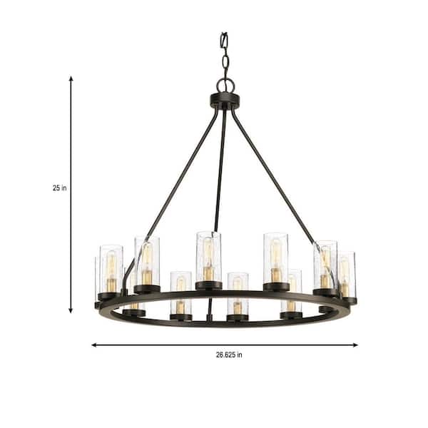Progress Lighting Hartwell 27 in. 12-Light Antique Bronze Farmhouse Wagon Wheel Chandelier with Clear Seeded Glass and Brass Accents